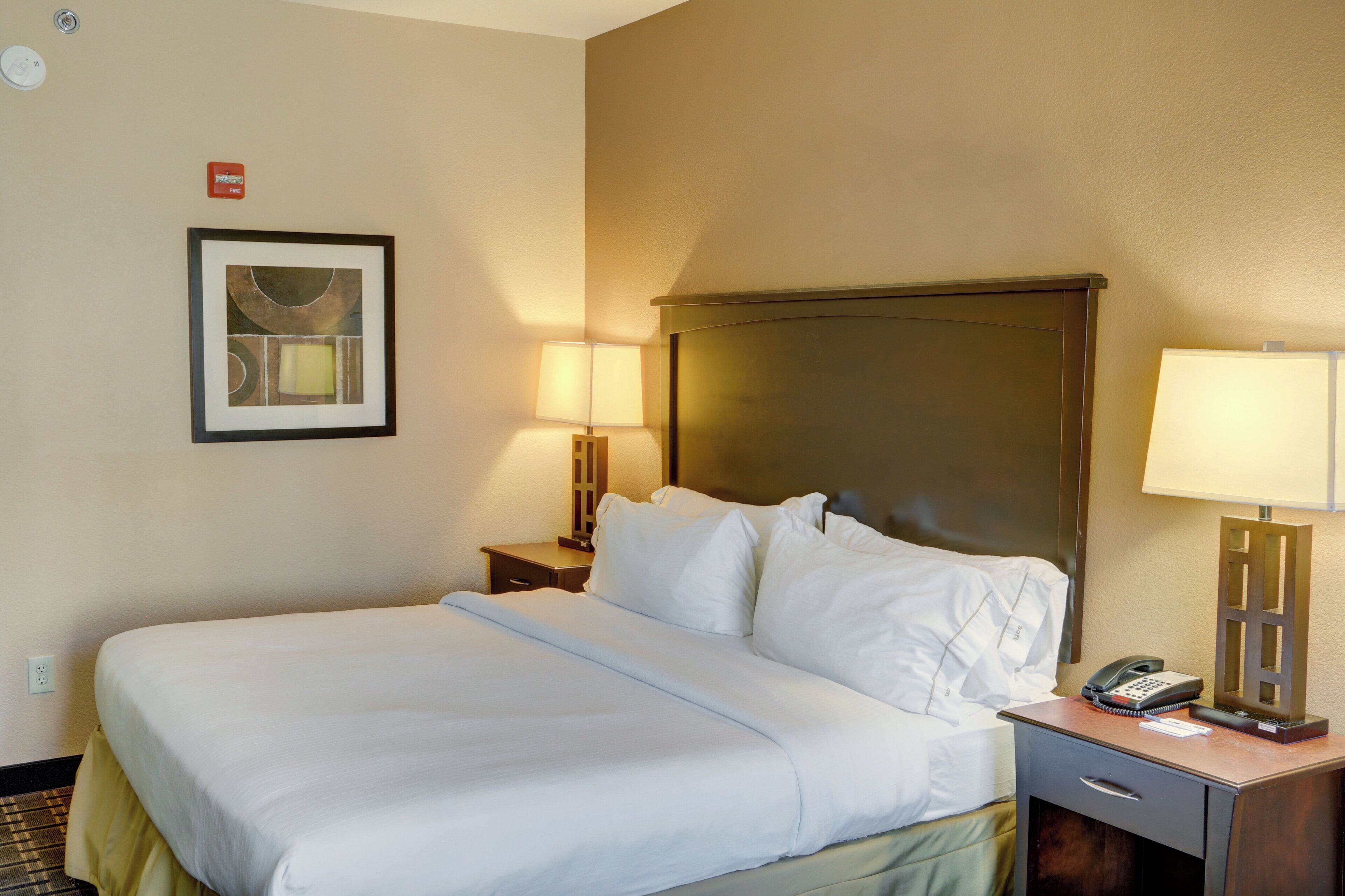 A hotel room with a large bed, two bedside tables, a lamp, a phone, and a framed picture on the wall.