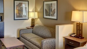 Une chambre d’hôtel avec un canapé, une petite table, une table de chevet avec une lampe, un téléphone et un tableau encadré au mur.
