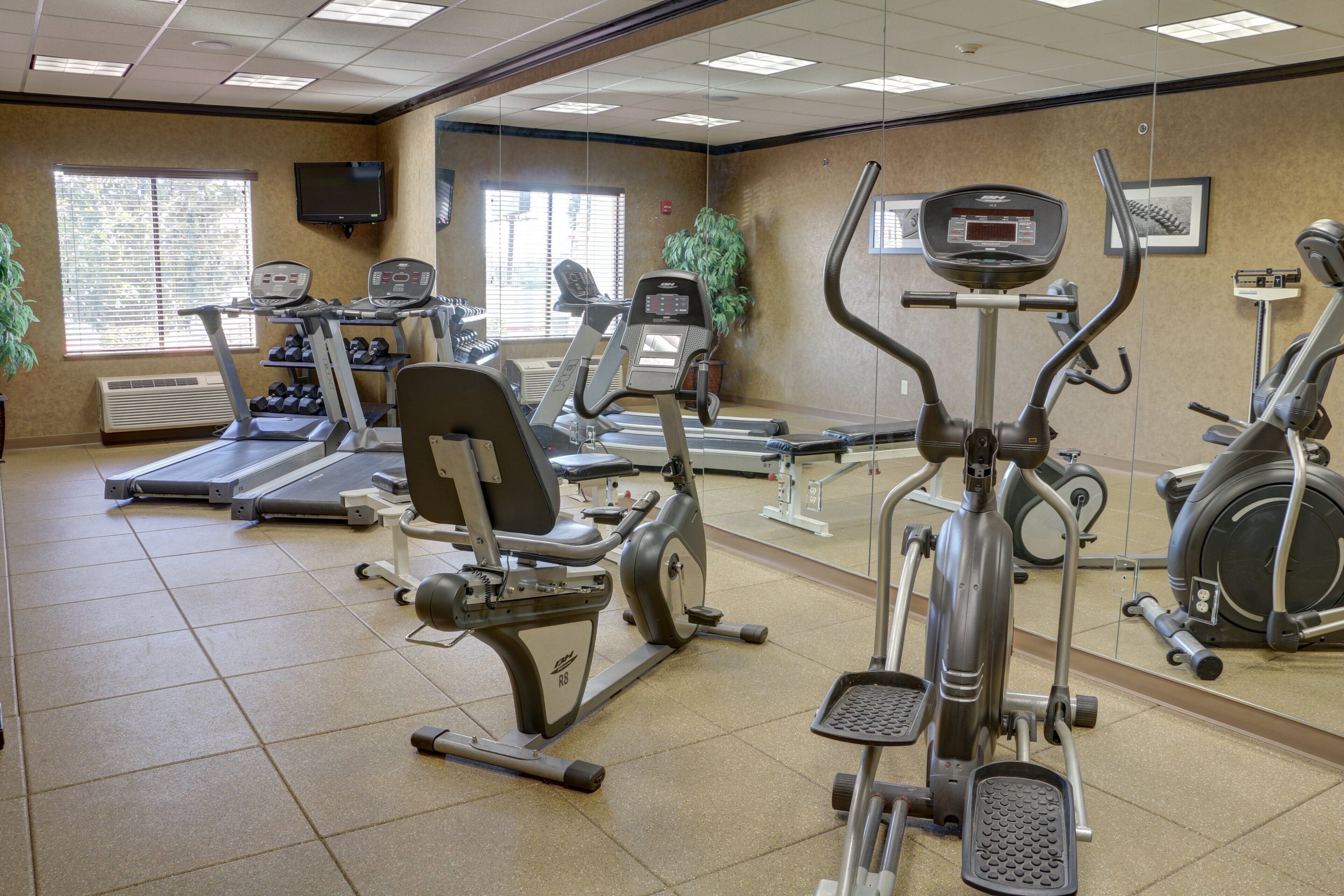 Una palestra con diverse attrezzature per l'allenamento, tra cui tapis roulant, ellittiche e macchinari per pesi.