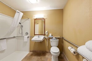 Combined shower/bathtub, free toiletries, hair dryer, towels