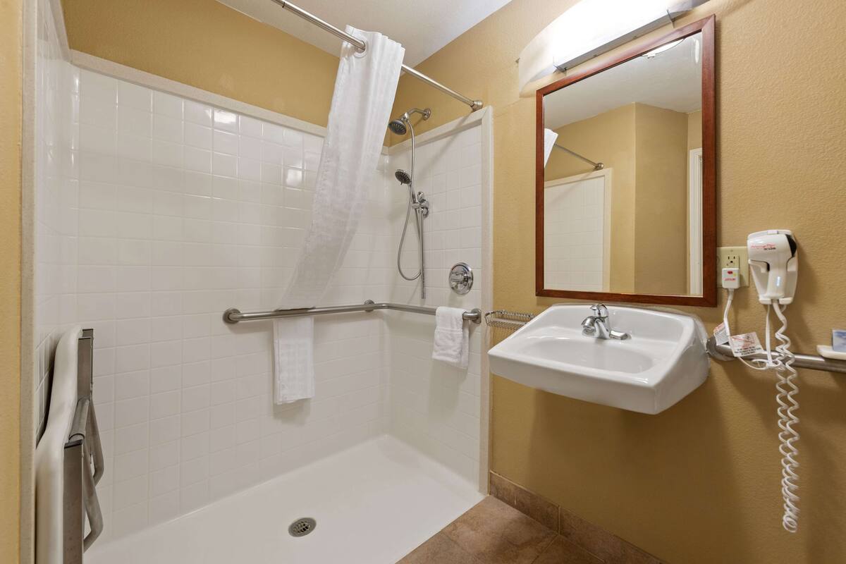 combined shower/bathtub, free toiletries, hair dryer, towels