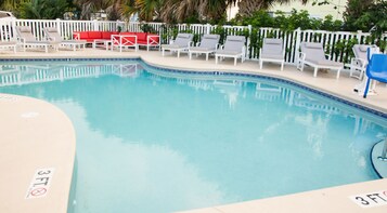 Outdoor pool, open 9:00 AM to 9:00 PM, pool umbrellas, sun loungers