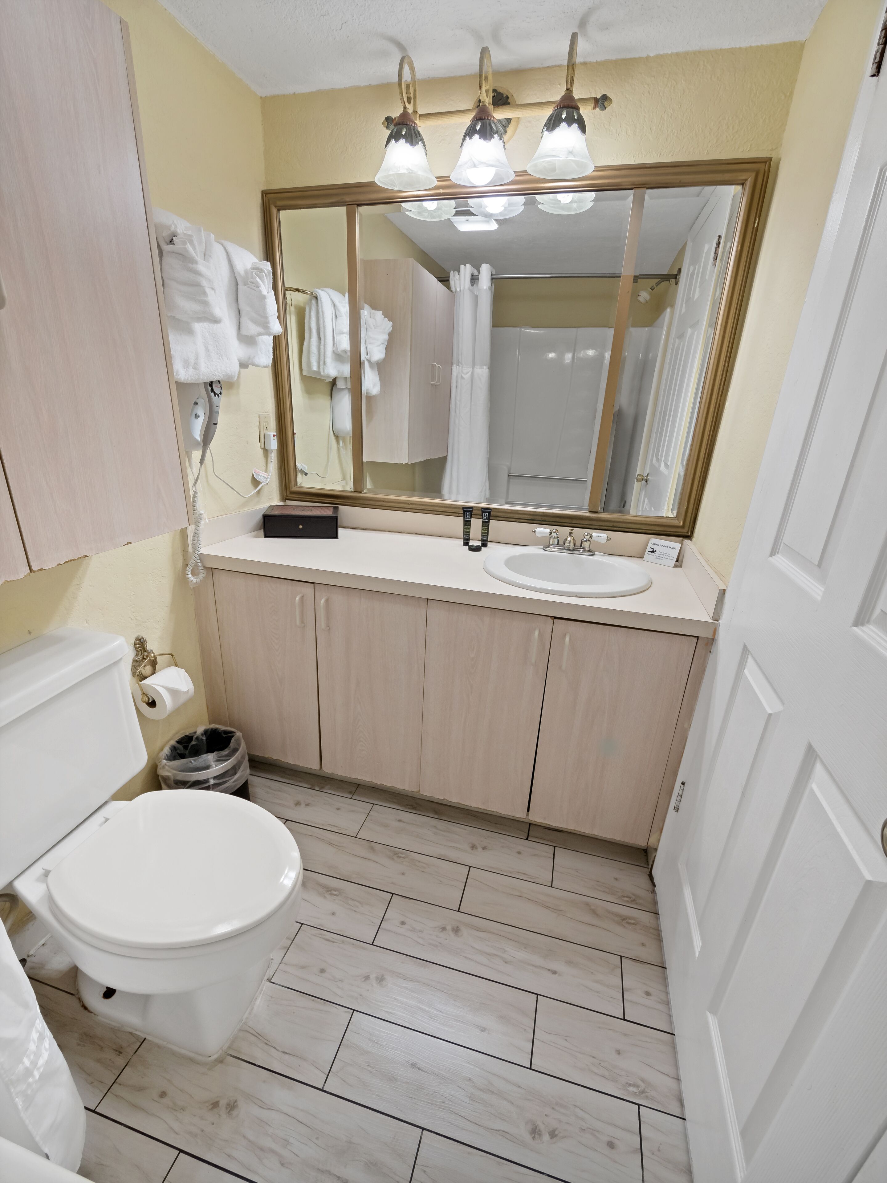 Une salle de bain équipée de toilettes, d’un lavabo, d’un miroir et de meubles en bois.