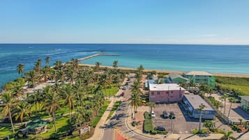 A coastal hotel with a parking lot, palm trees, and a view of the ocean.