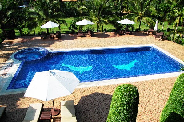Outdoor pool, pool umbrellas, pool loungers
