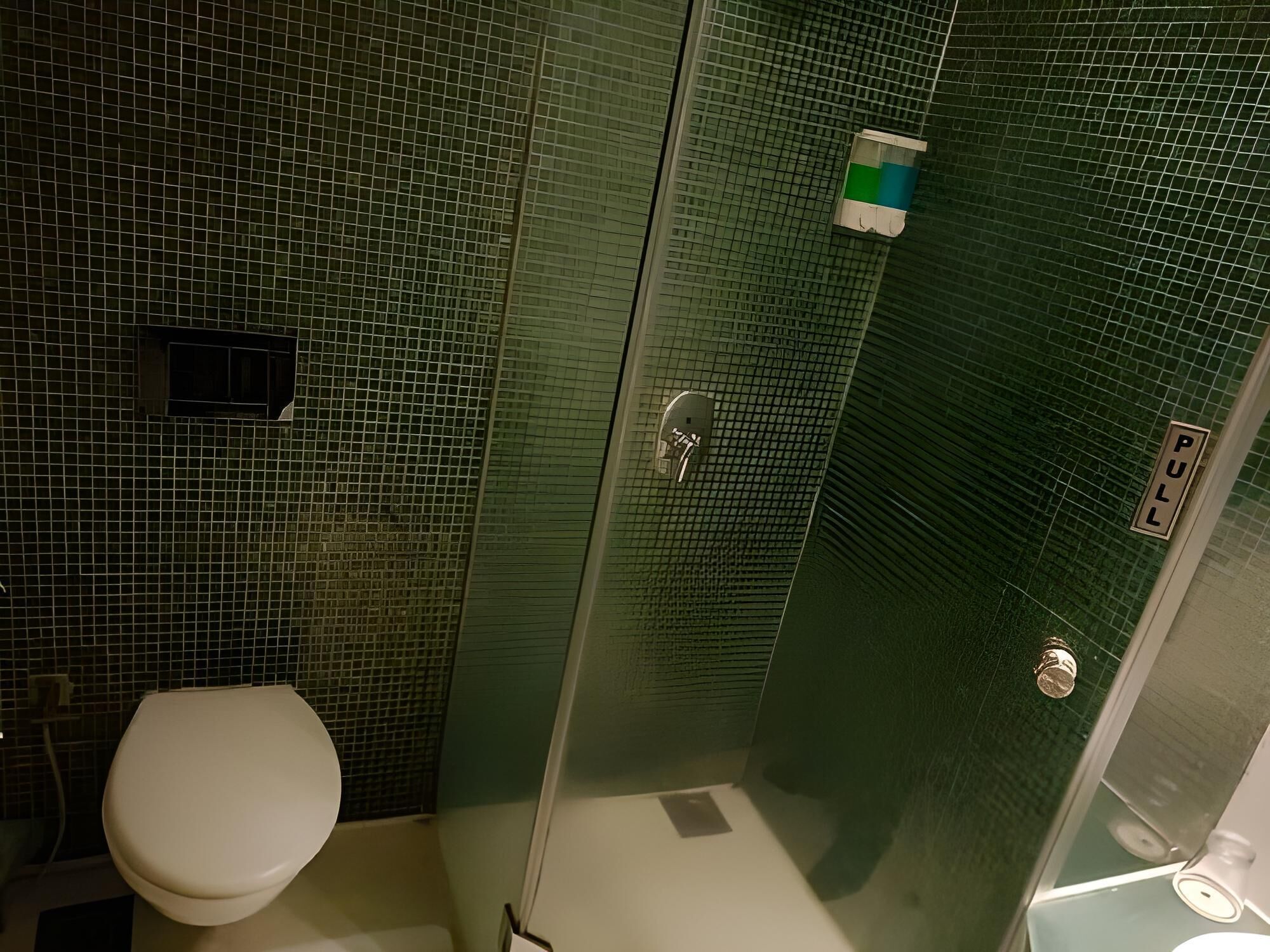 Un baño con inodoro, cabina de ducha de vidrio y pared con azulejos verdes.