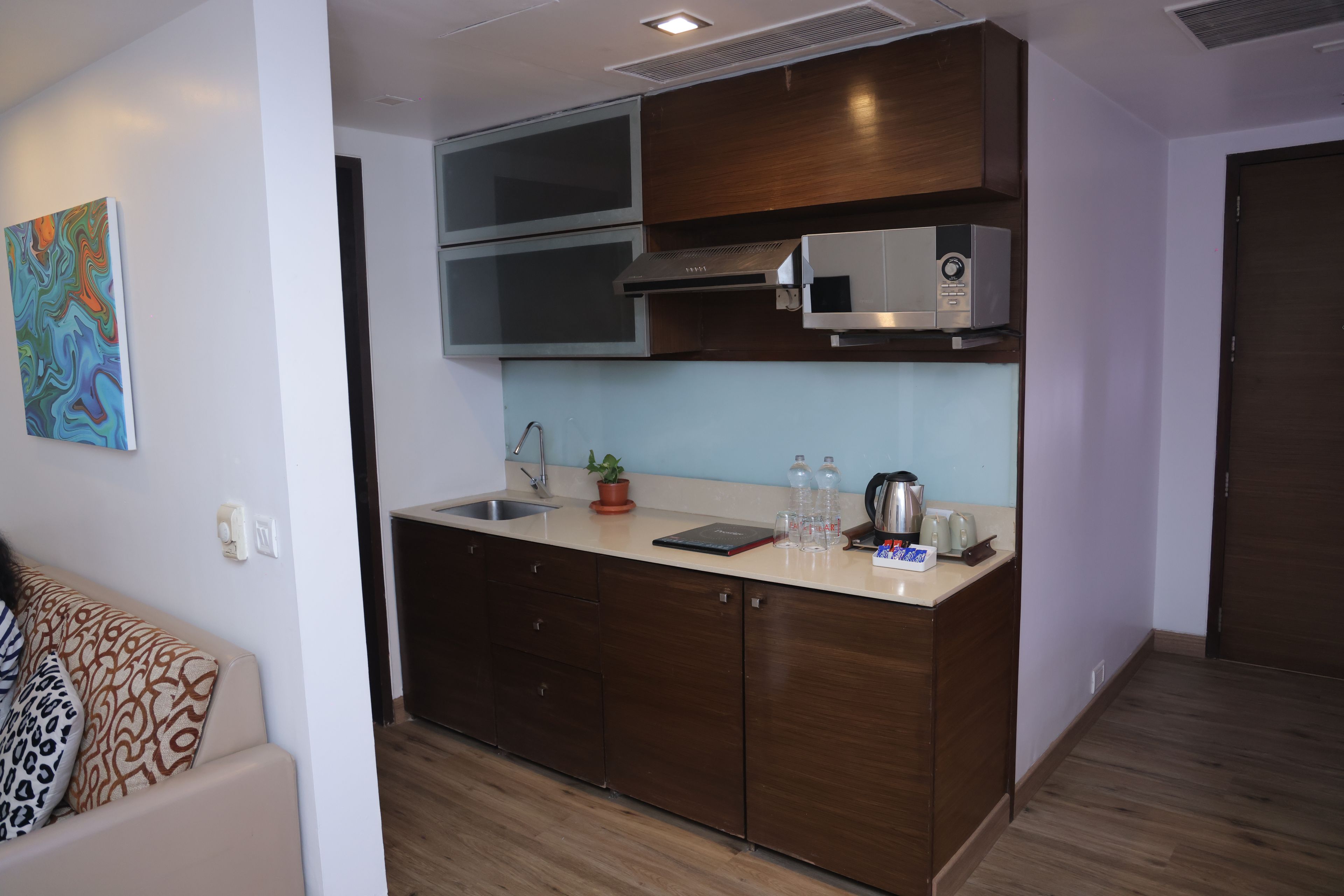A compact kitchen with a microwave, stove, and sink. There is a sofa with patterned cushions and a small potted plant on the counter.