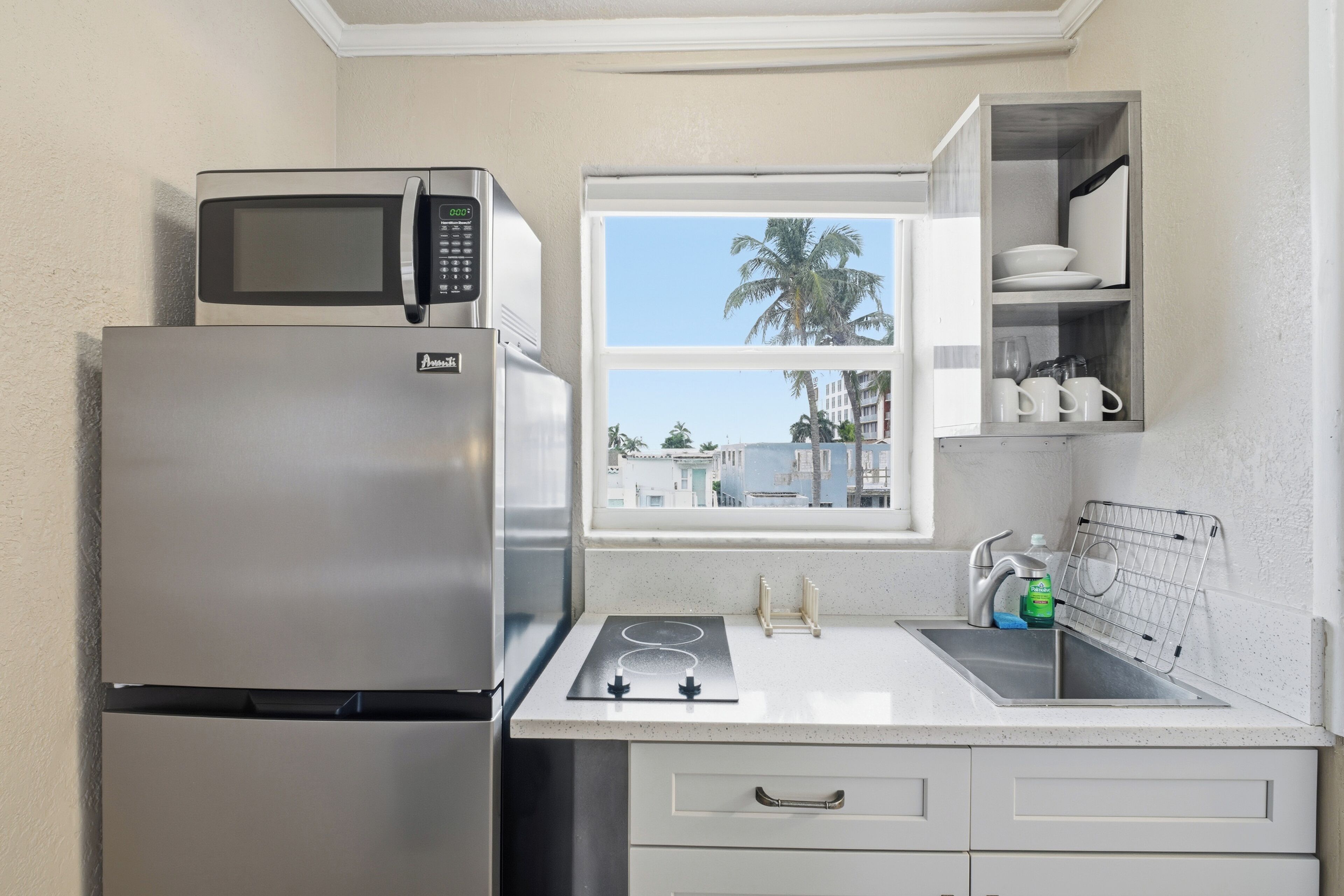 A compact kitchen with a stainless steel refrigerator, a microwave, a window with a view of palm trees, and a sink with a dish rack.