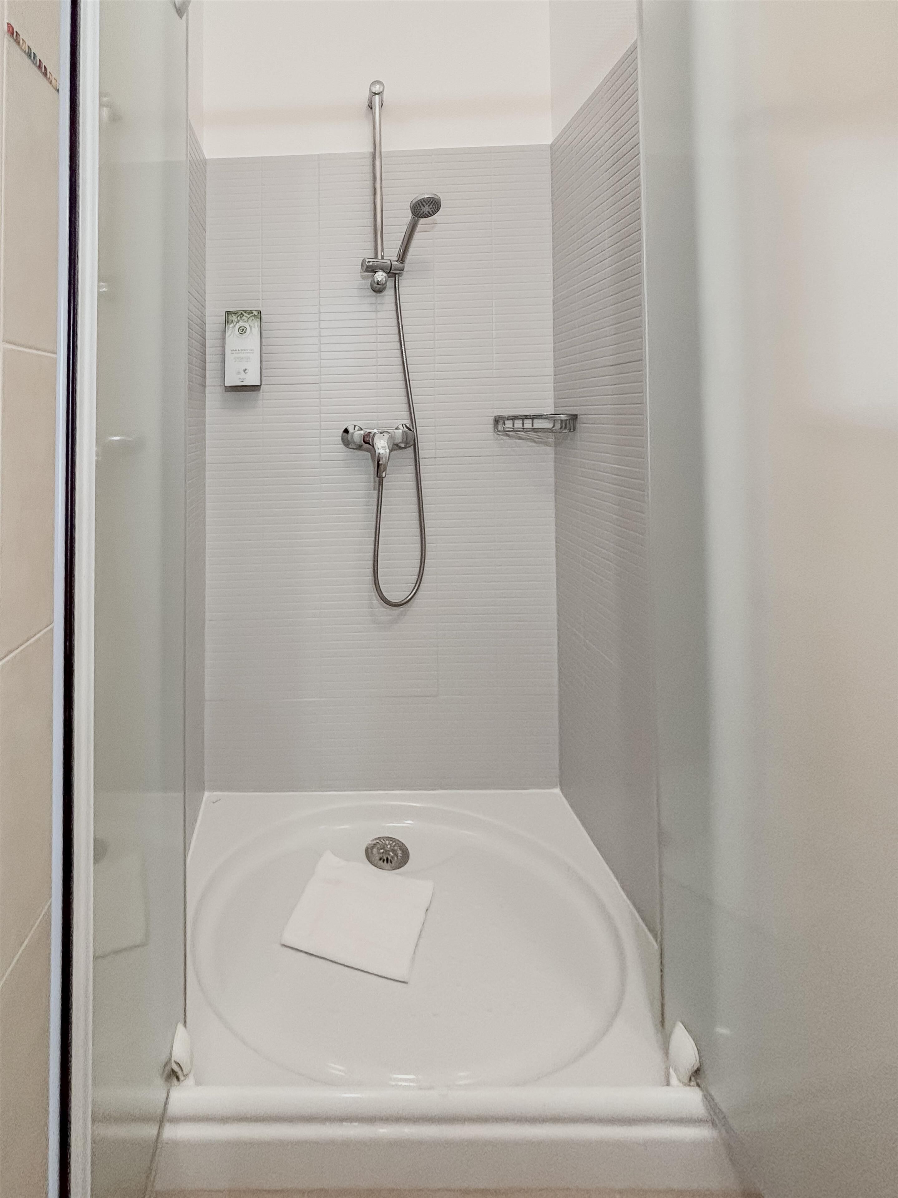 A modern shower with a handheld showerhead and a fixed showerhead, a glass-enclosed shower stall, and a white tiled wall.