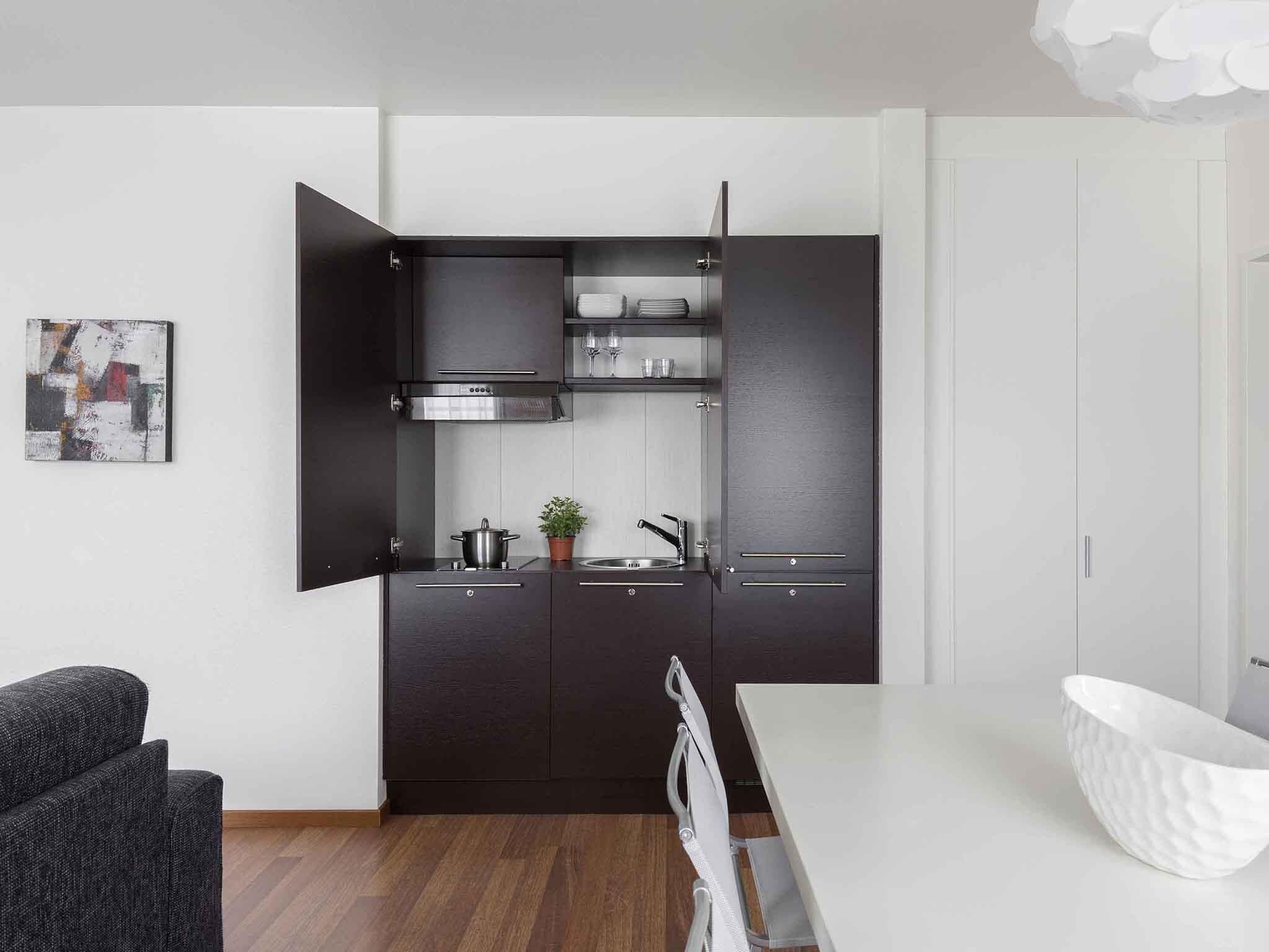 A modern kitchen with dark cabinetry, a stainless steel range hood, a sink, and a countertop with a plant and a pot.