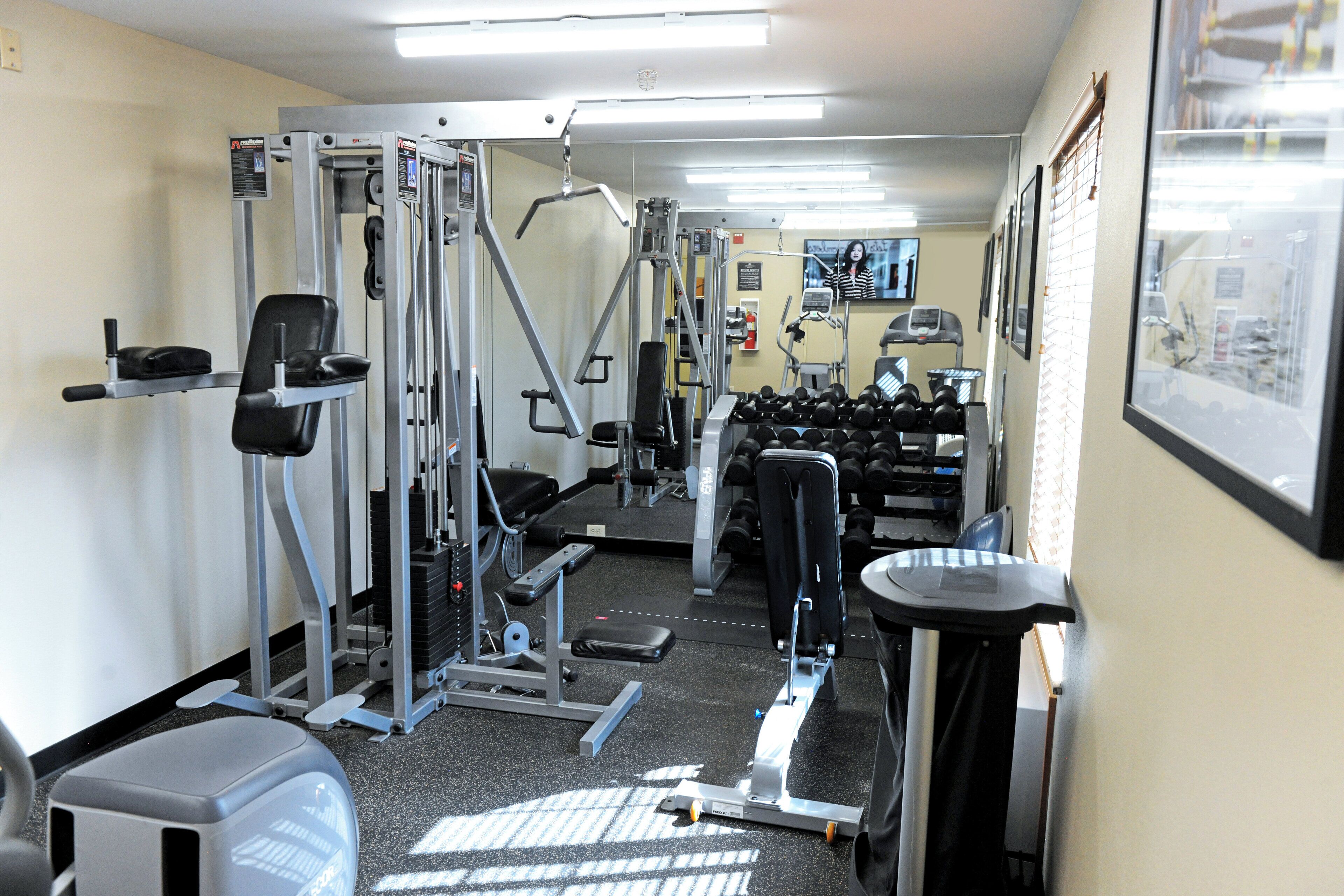 A gym with various exercise equipment, including weight machines and dumbbells.