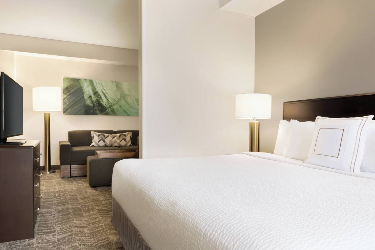 A hotel room with a large bed, a sofa, a television, and a painting on the wall.