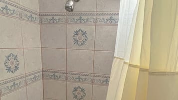 Een douche met glazen deur, betegelde wanden met bloemenmotieven en een bad.