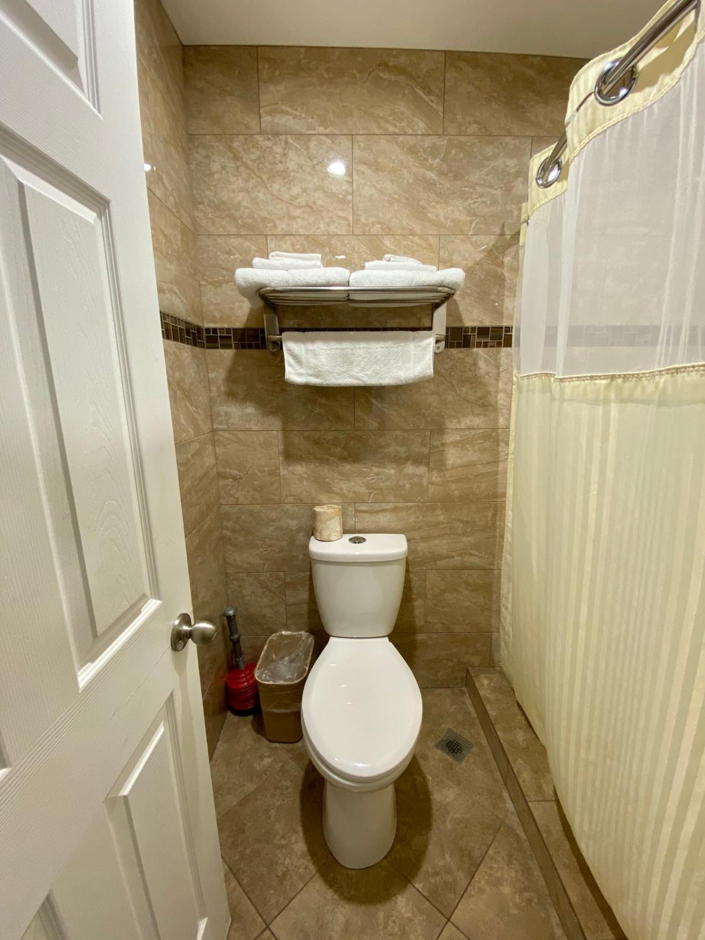 A bathroom with a toilet, a sink with a towel rack, and a shower curtain.