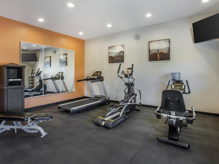 A gym with treadmills, an elliptical, and a bench.