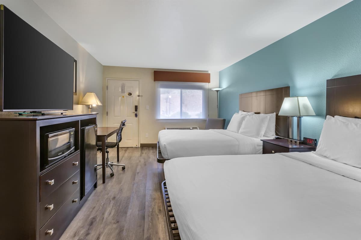 standard room, 2 queen beds, non smoking, refrigerator & microwave | premium bedding, down duvets, pillow-top beds, in-room safe