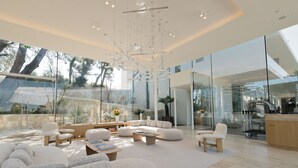 A spacious living area with modern furniture, a glass wall offering a view of the outdoors, and a ceiling with a unique light fixture.