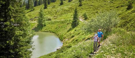A mountainous landscape with a lake, a hiking trail, and two people walking.