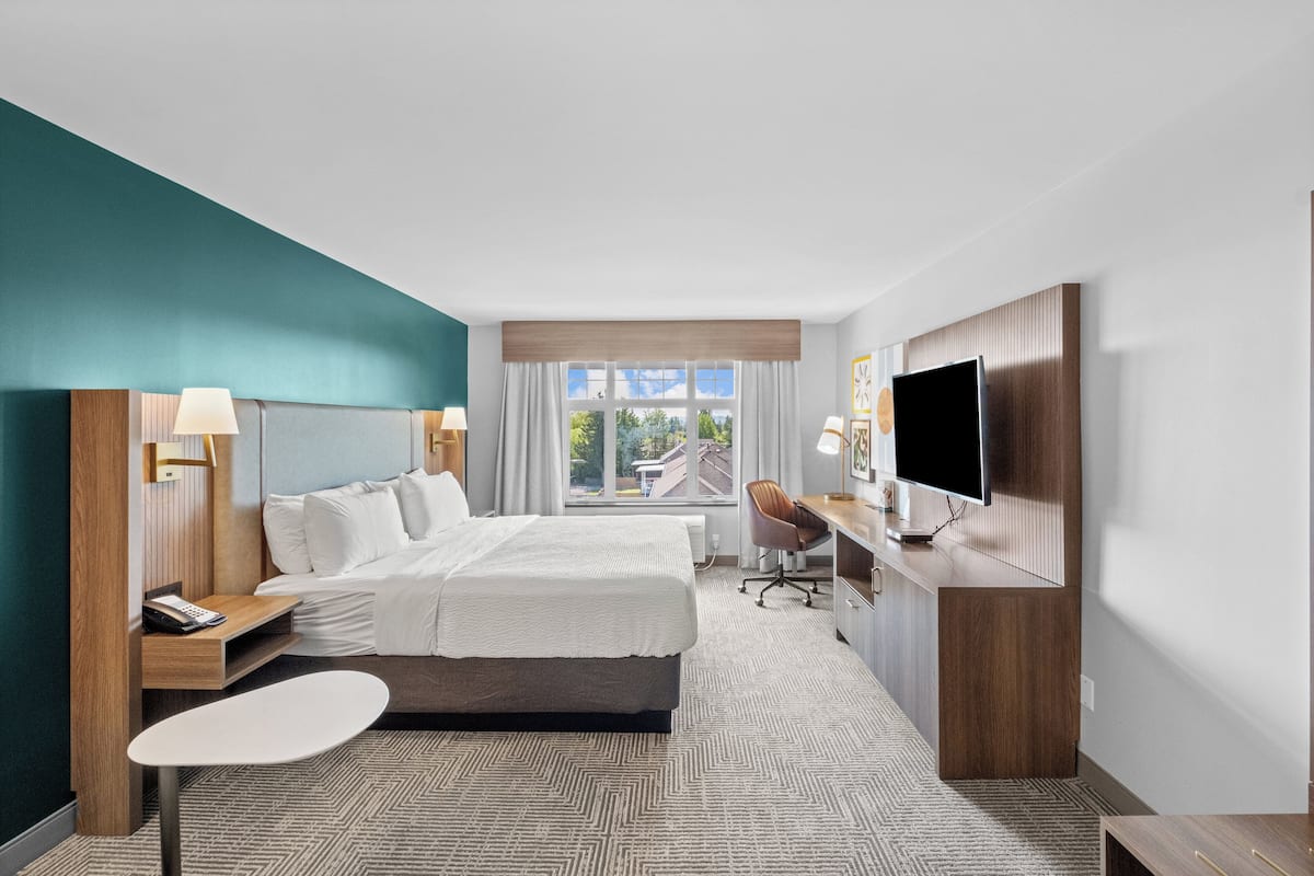 A hotel room with a bed, desk, TV, and a window with a view of buildings.
