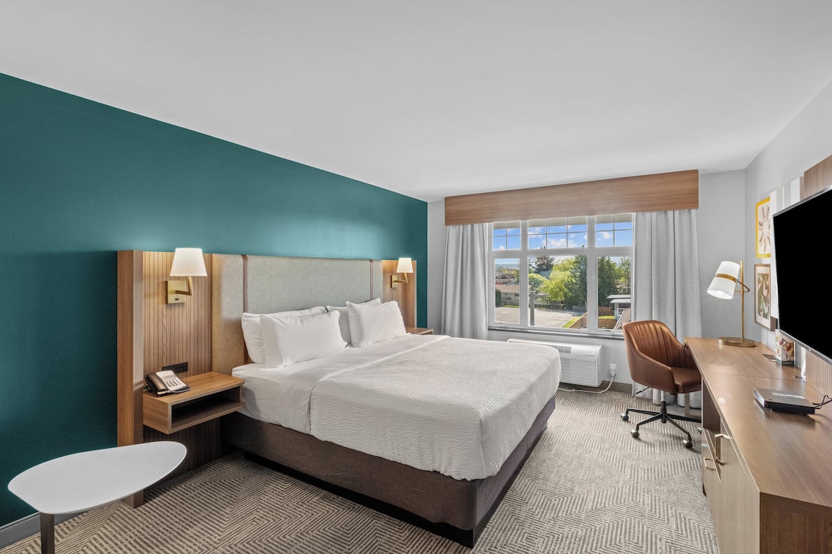 A hotel room with a bed, desk, chair, and a TV.