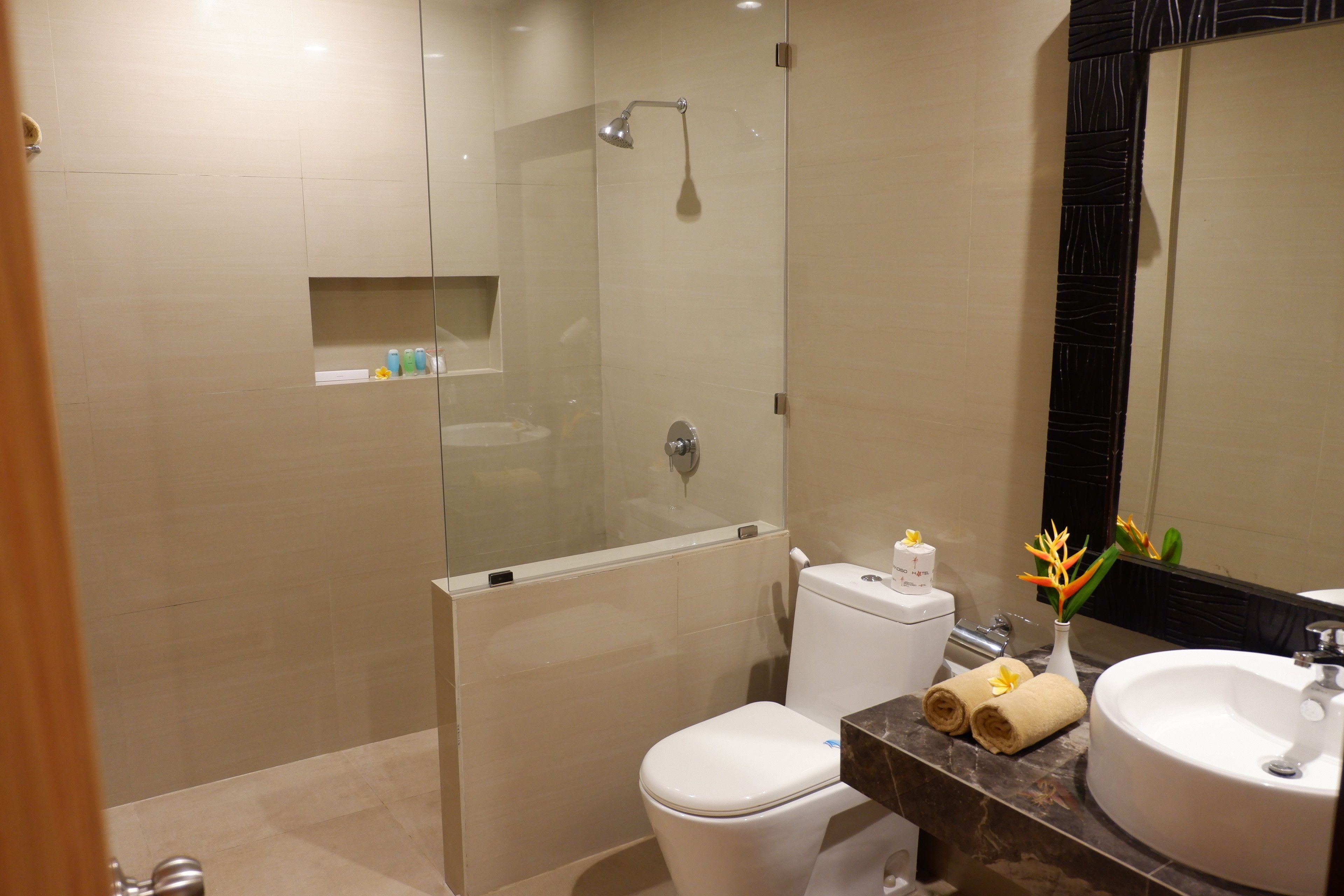 A modern bathroom with a glass-enclosed shower, a toilet, a sink, and a vanity with toiletries.