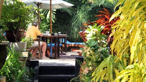 Un espace patio avec des sièges d’extérieur, entouré d’une végétation luxuriante et de plantes en pot.