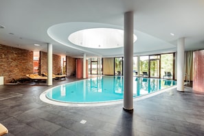Indoor pool, outdoor pool, pool loungers