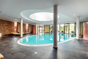 Indoor pool, outdoor pool, sun loungers