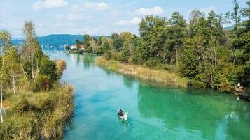 Un río de aguas cristalinas, rodeado de abundante vegetación y árboles.