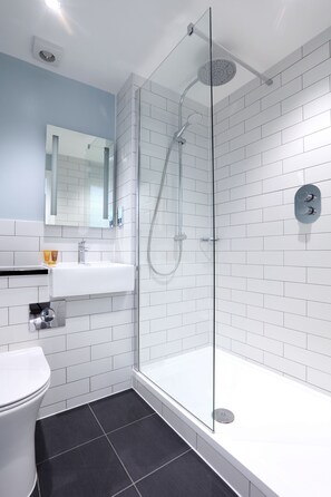 Combined shower/tub, free toiletries, hair dryer, towels