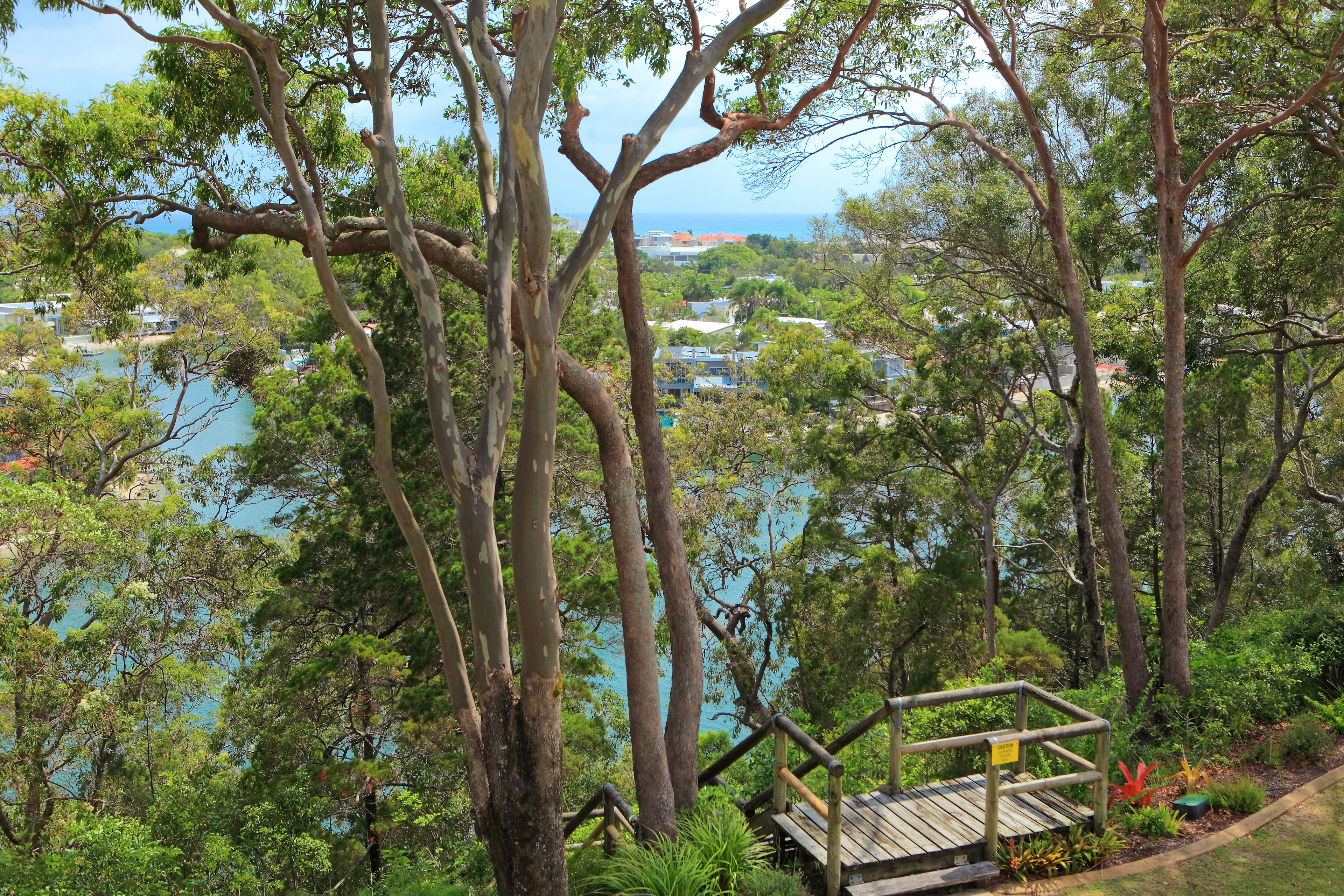 A wooden staircase leading up to a viewing platform surrounded by lush greenery and overlooking a coastal area with buildings in the distance.