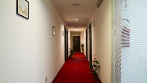 A hallway with a red carpet, white walls, and potted plants. - Hotel Catania Town (Catania)