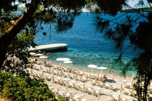 On the beach, sun-loungers, beach umbrellas, beach towels