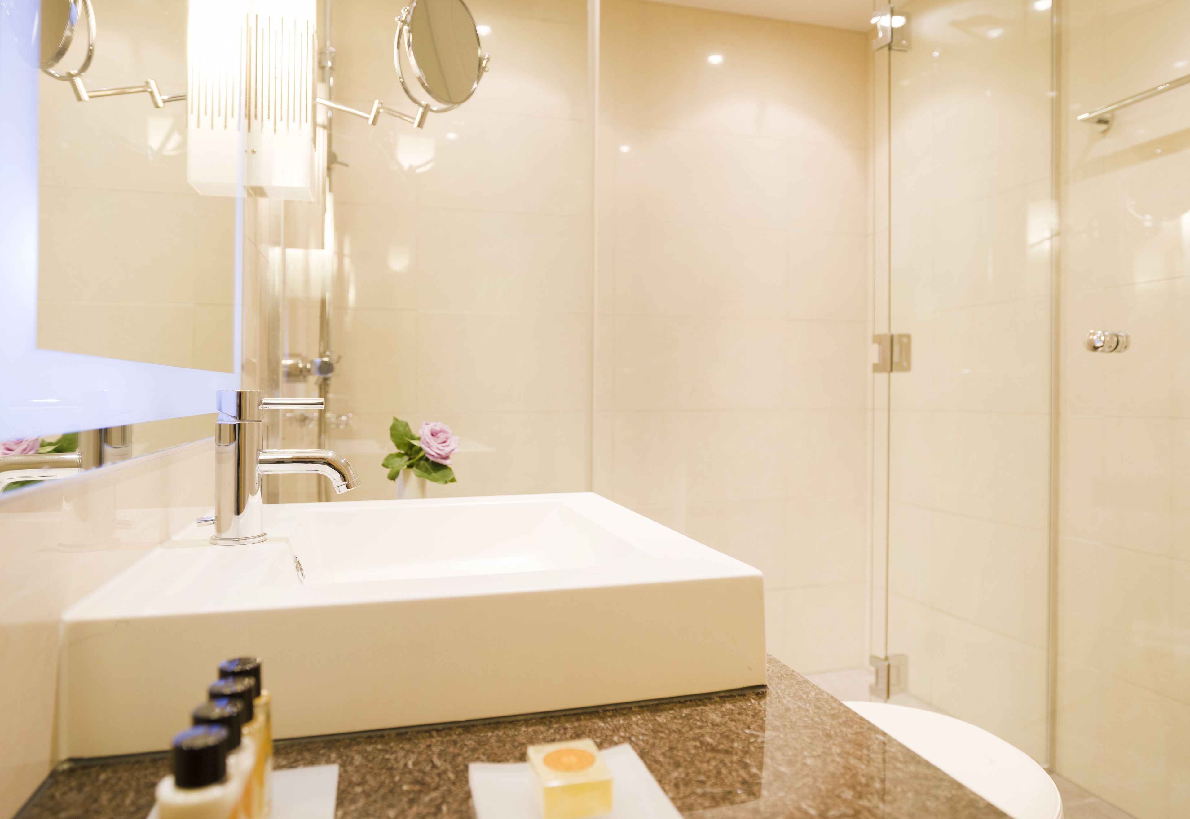 Een moderne badkamer met een groot wastafel, een spiegel en een douche.