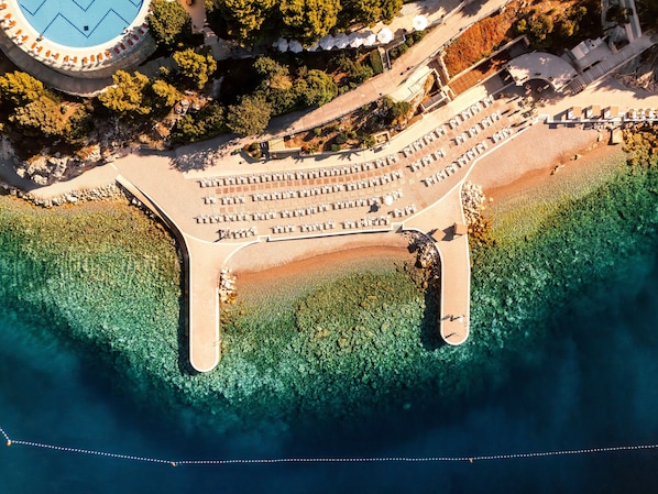 On the beach, sun-loungers, beach umbrellas, beach towels