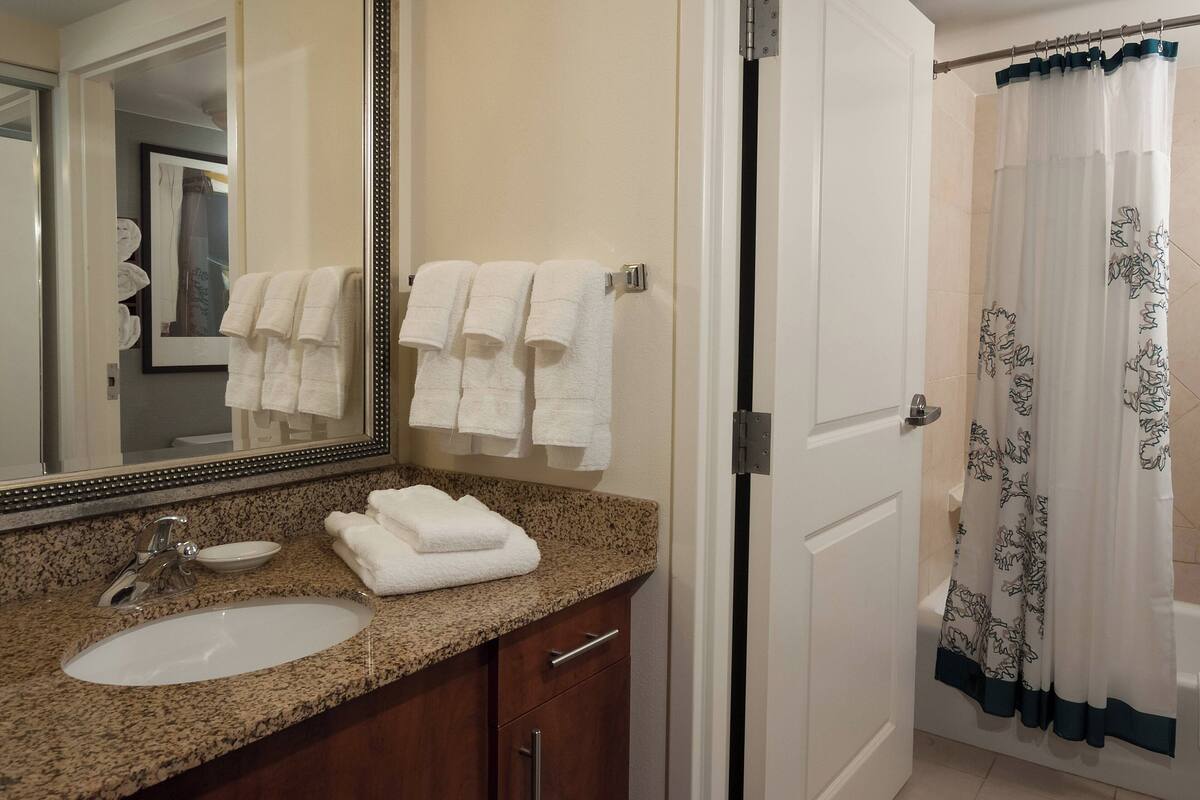 combined shower/bathtub, free toiletries, hair dryer, towels