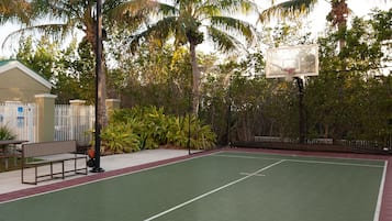 An outdoor basketball court with a green surface, surrounded by palm trees and a fence.