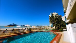 Une piscine avec des chaises longues et des parasols, un ciel bleu azur et une vue sur l’océan.