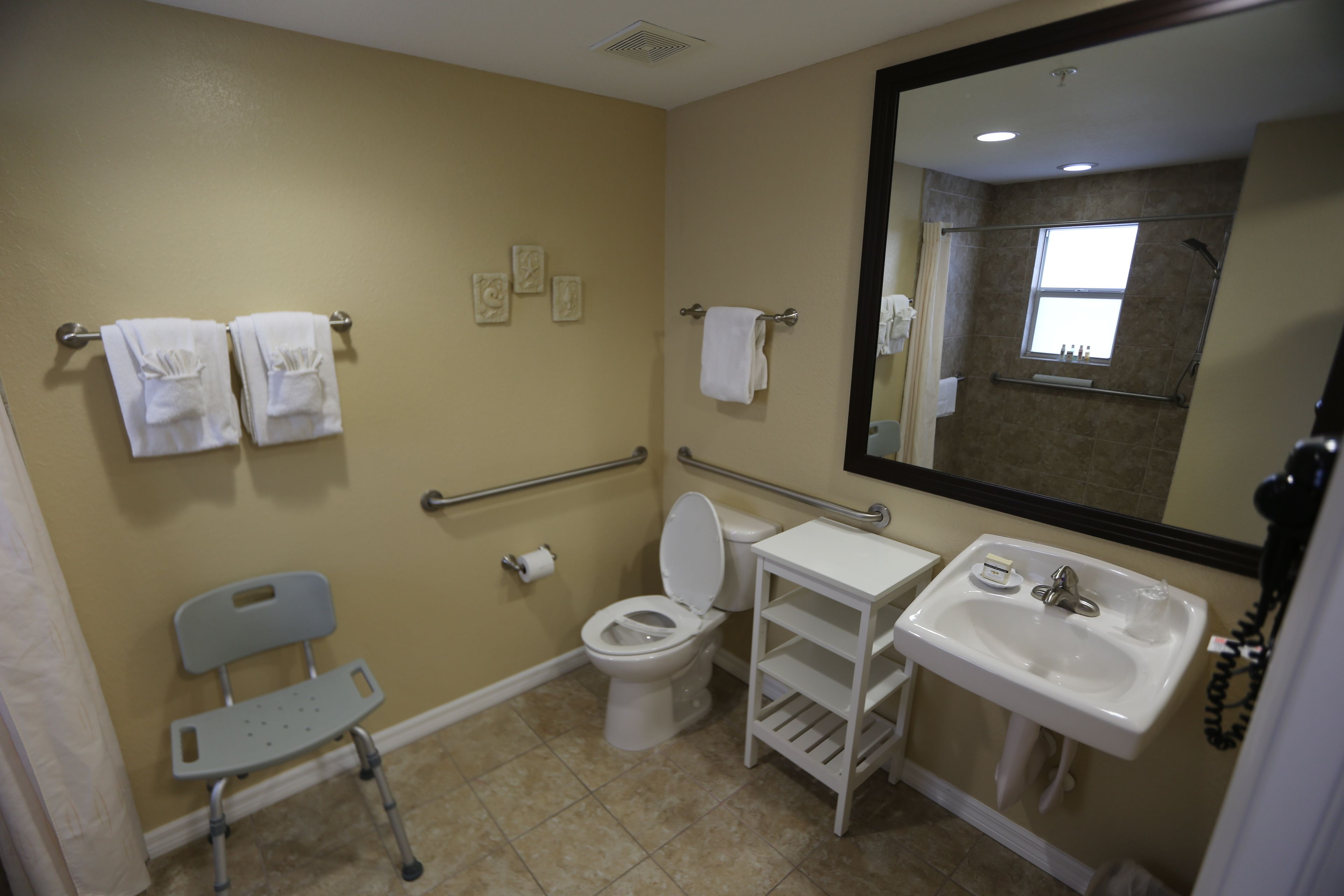 Une salle de bain équipée de toilettes, d’un lavabo et de barres d’appui.