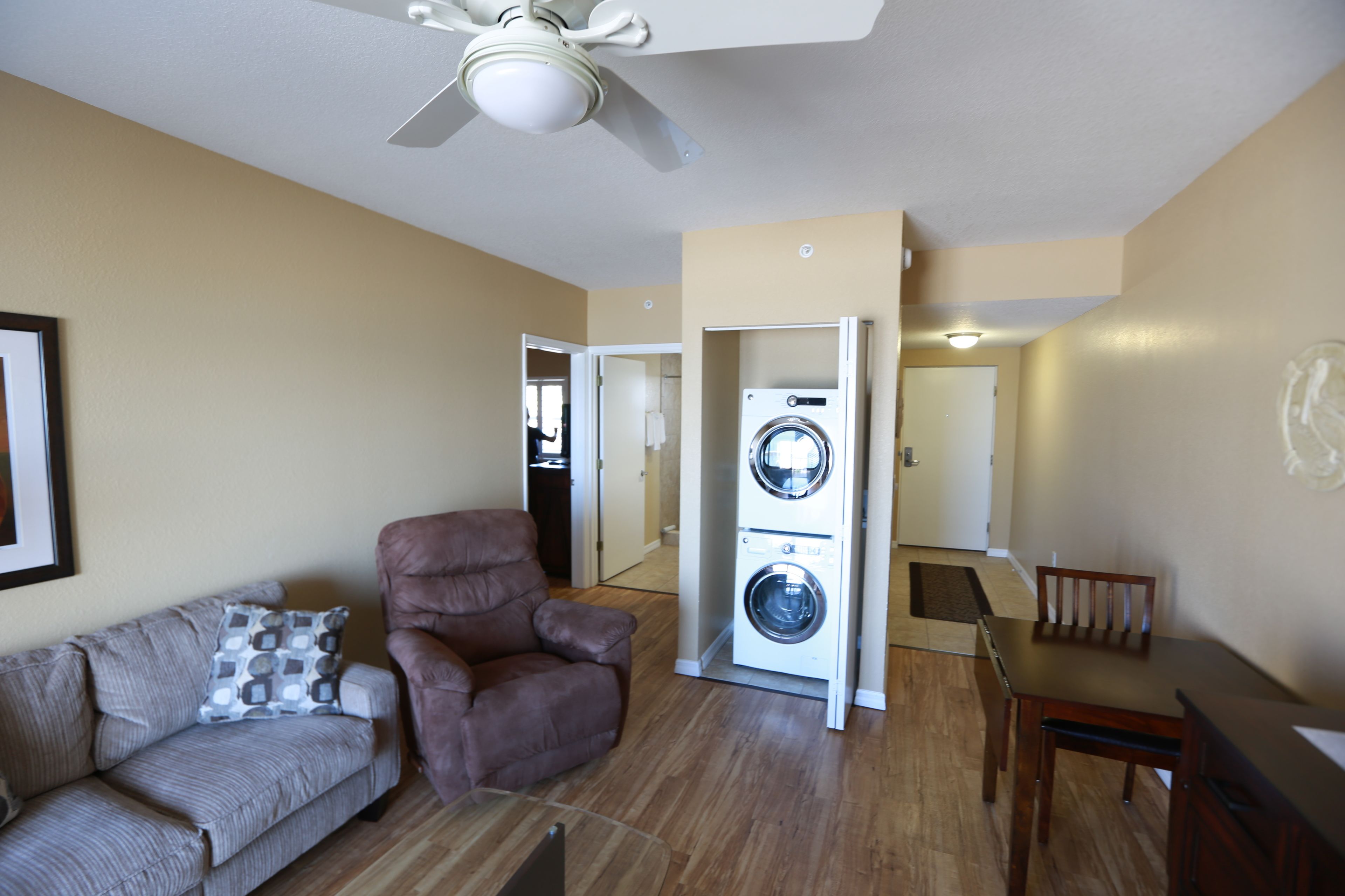 A living room with a sofa, armchair, and a washing machine in the corner.