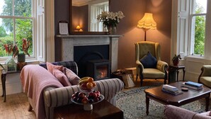 Una sala de estar acogedora con chimenea, asientos cómodos y vistas al verdor exterior.