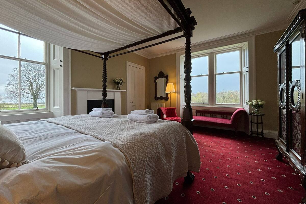 A four-poster bed with a red carpet, a fireplace, and a view of trees through the windows.