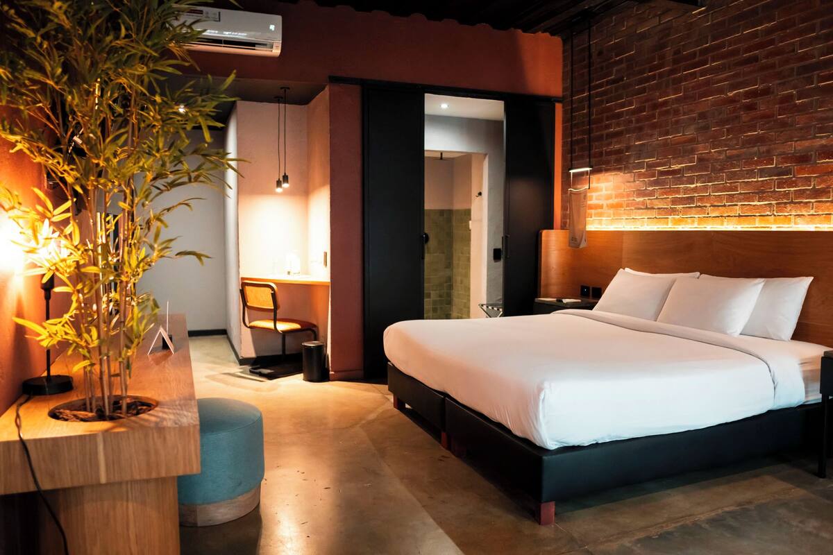 Una habitación de hotel moderna con una cama, una mesita de noche, una lámpara y una planta en maceta.