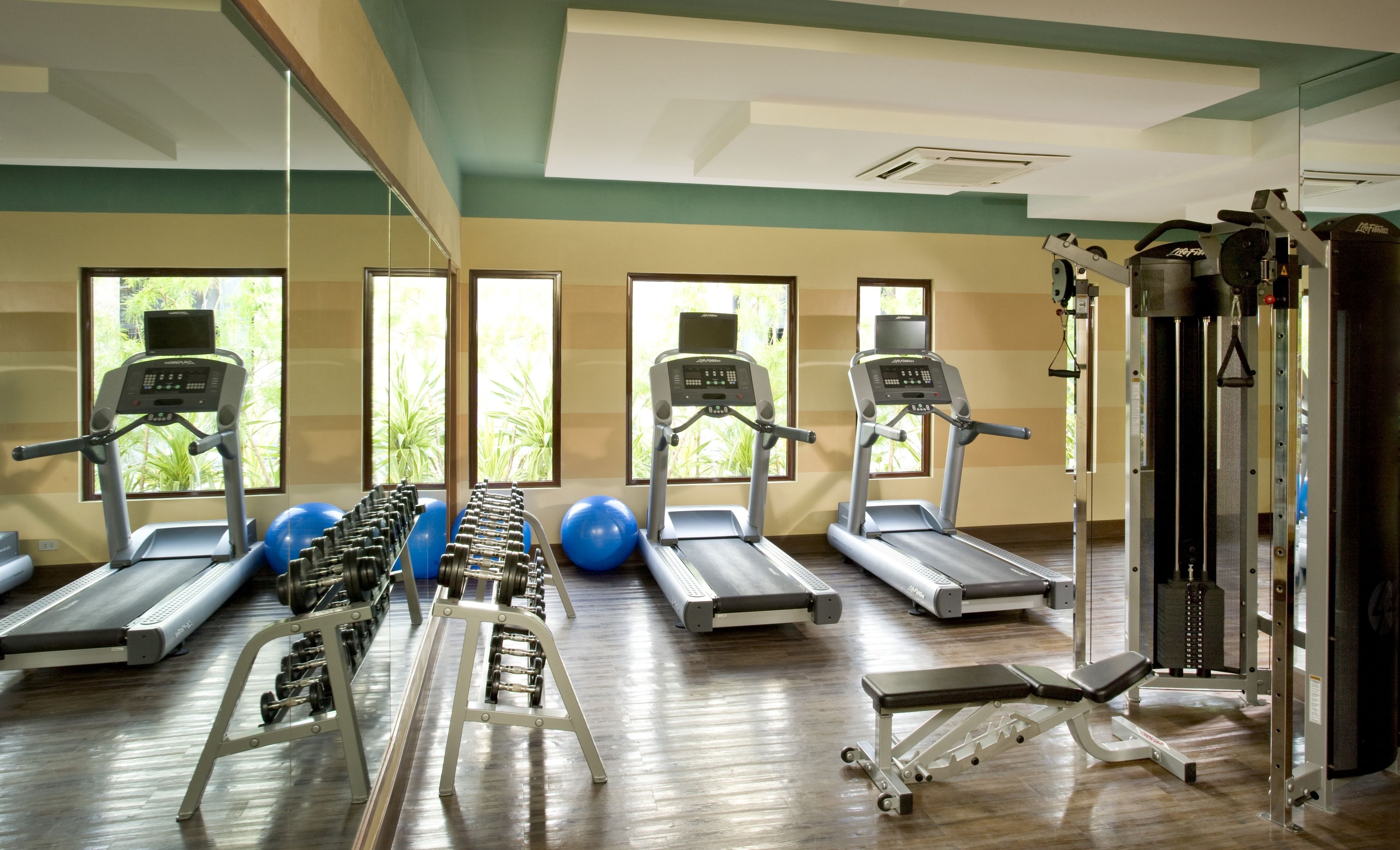 Un gimnasio con cintas de correr, máquinas de pesas y pelotas de ejercicio.
