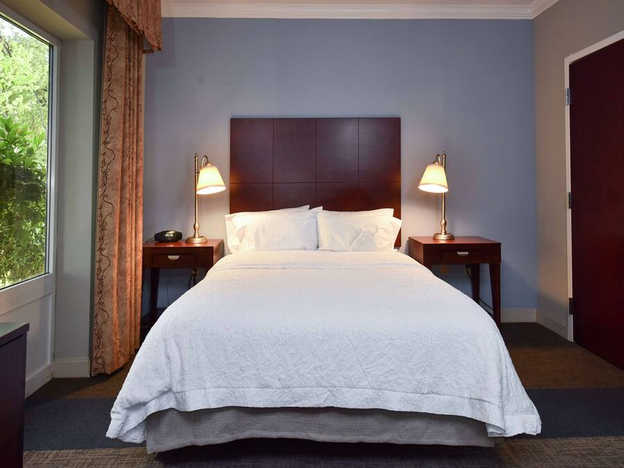 A neatly made bed with white linens, two bedside lamps, and a dark headboard in a room with a window and a door.