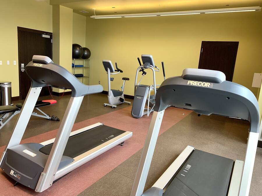 A gym with treadmills, an elliptical, and exercise balls.