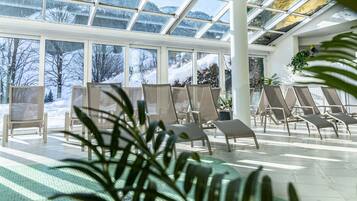 Indoor pool, seasonal outdoor pool, pool umbrellas, sun loungers