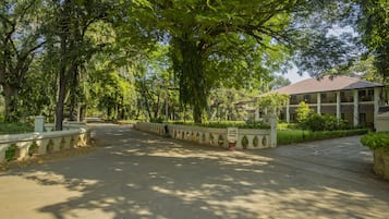 A gated entrance to a residential area with a paved road, surrounded by lush greenery and tall trees.