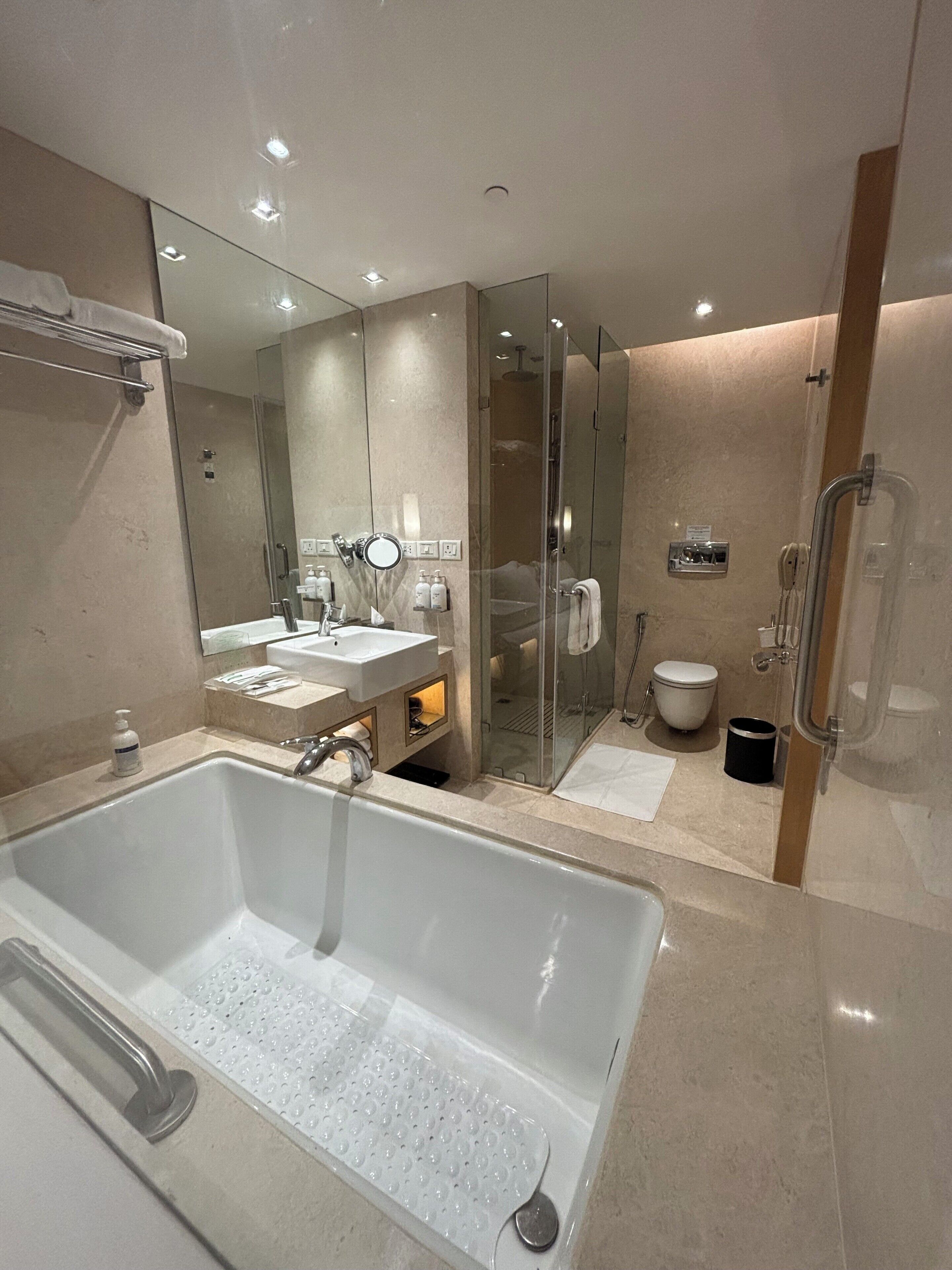 premium room, 1 king bed, smoking, club lounge access (lounge access) | bathroom | shower, rainfall showerhead, free toiletries, hair dryer