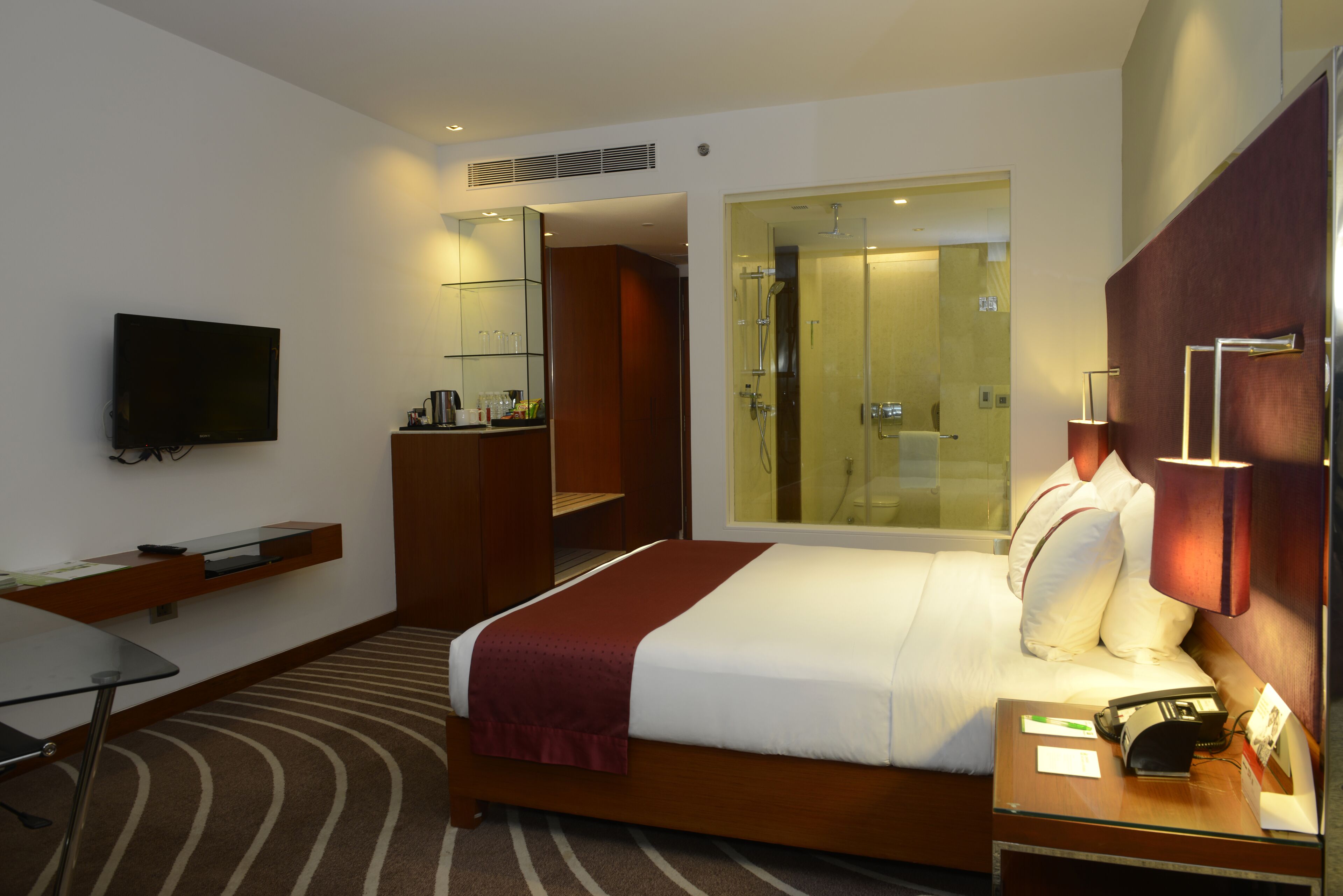 A hotel room with a bed, a desk, a TV, a mirror, a wardrobe, and a shower area.